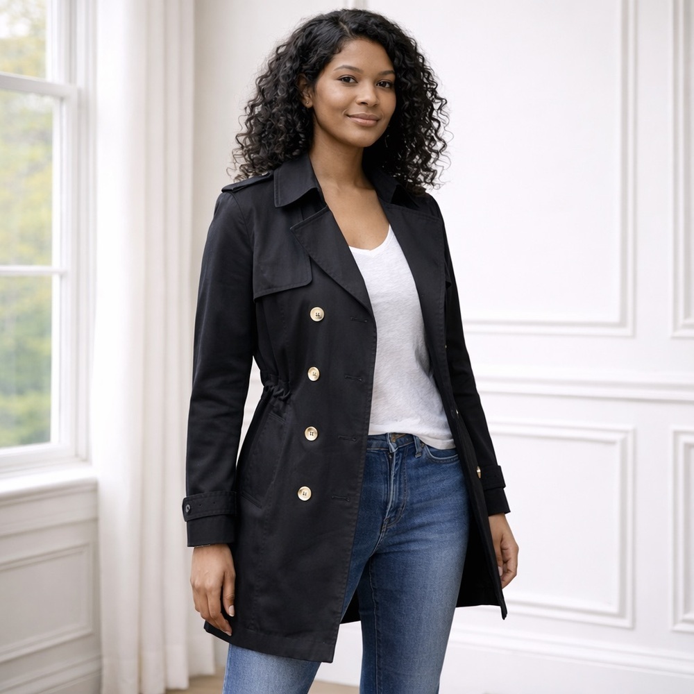 DKNY Black Trench Rain Jacket Double Breasted Lined Belted Classic L Outdoor - Picture 2 of 15